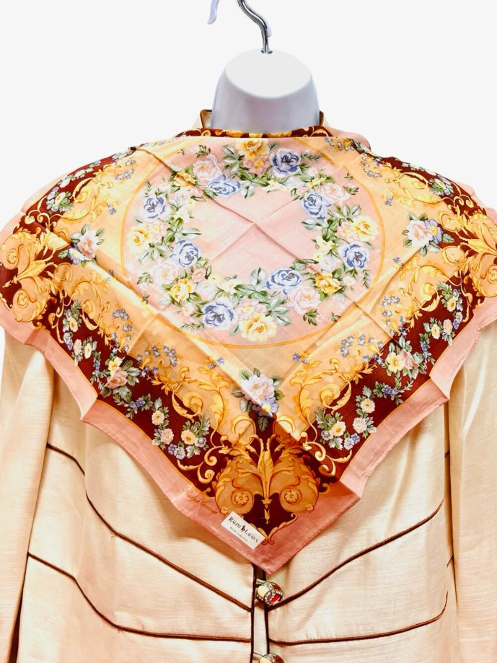 New Ralph Rauren  Mini Scarf/Necmkerchief  cotton /silk 19" borwn beige gold (90